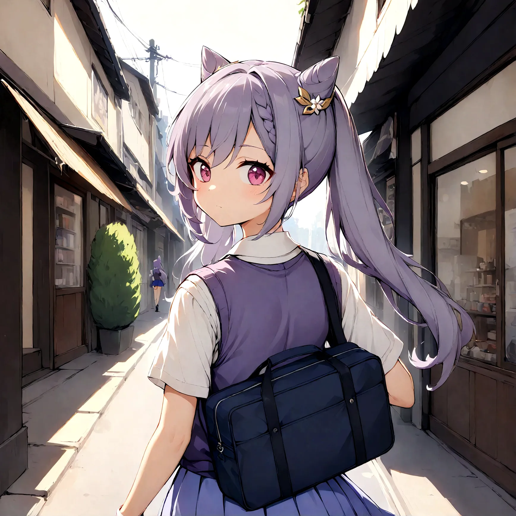 1girl, , (purple hair:1), (hair ornament:1), (twintails:1), (cat ears hairstyle:1), (keqing:1), (sweater vest:1), (break jk:1), ...