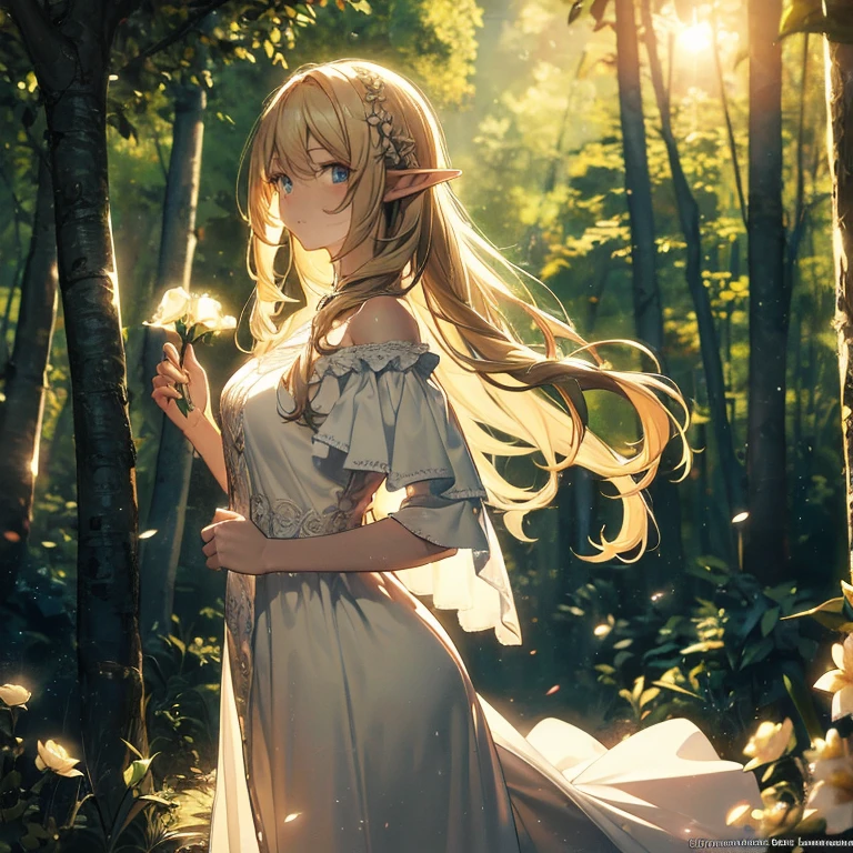 (8k), (masterpiece), (best quality), (super details), (award winning), (game illustration), (greeting face), lens flare, glowing light, woman in a noble dress standing in the woods with flower, modeling shoot, beautiful girl, elf girl, (beautiful face:0.8), slender blonde girl, pale skin curly blond hair, (off shoulder), (small breast), (wood cabin in background)