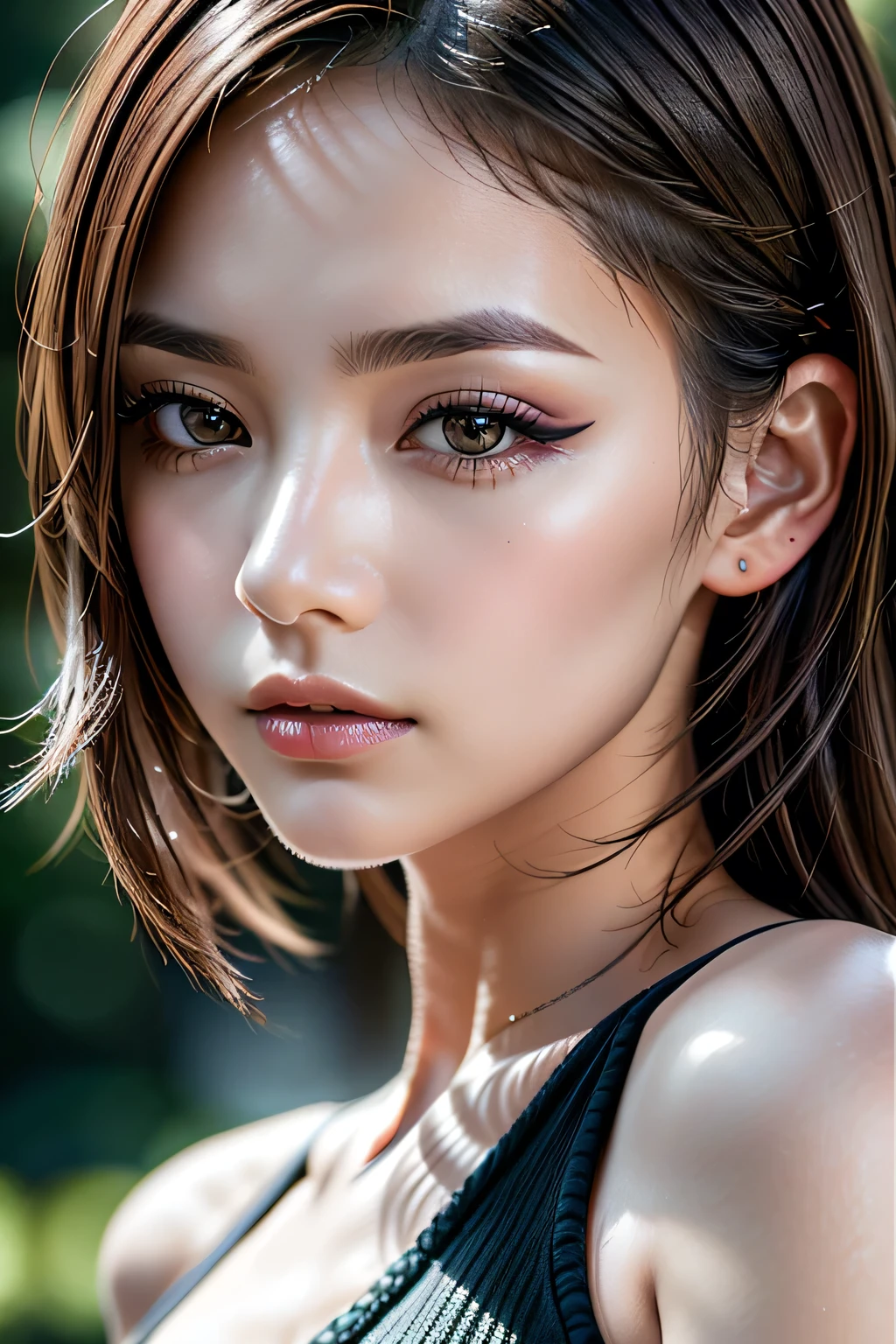 photorealistic Realism, 32k, calidad, (Calidad hiperabsurda, Detalles extremadamente detallados, hiperresolución, Enfoque claro y nítido, no borroso, Marrón realista_eyes), ((perfect dark_sombras de ojos:1.45)), (Súper detallado, hermosa naricita:1.2), (composición perfecta), (Tiro superior del cuerpo), (Primer plano de su rostro), hermosos pómulos, párpados dobles, DSLR, la mejor iluminación suave de alta calidad, enfoque nítido capturado por Fujifilm XT3, f 5.6, en una iluminación dramática, ((composición perfecta)), ((Piel pálida)), ((piel seca)),