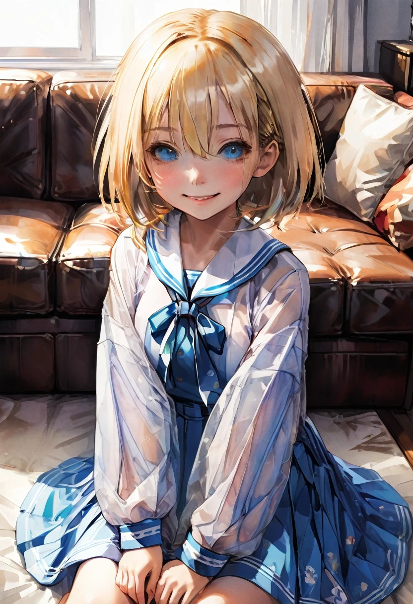 ecchi manga, Mizu style, full color, no text, cinematic, dramatic, dynamic view, full body, POV, HD12K, 10 year old girl, blonde, straight bob cut hairstyle, sassy girl, light blue eyes, thin, freckles, flat, Girl Scout uniform, naughty smile, insinuating wink, sprawled on a sofa in the living room of a house,