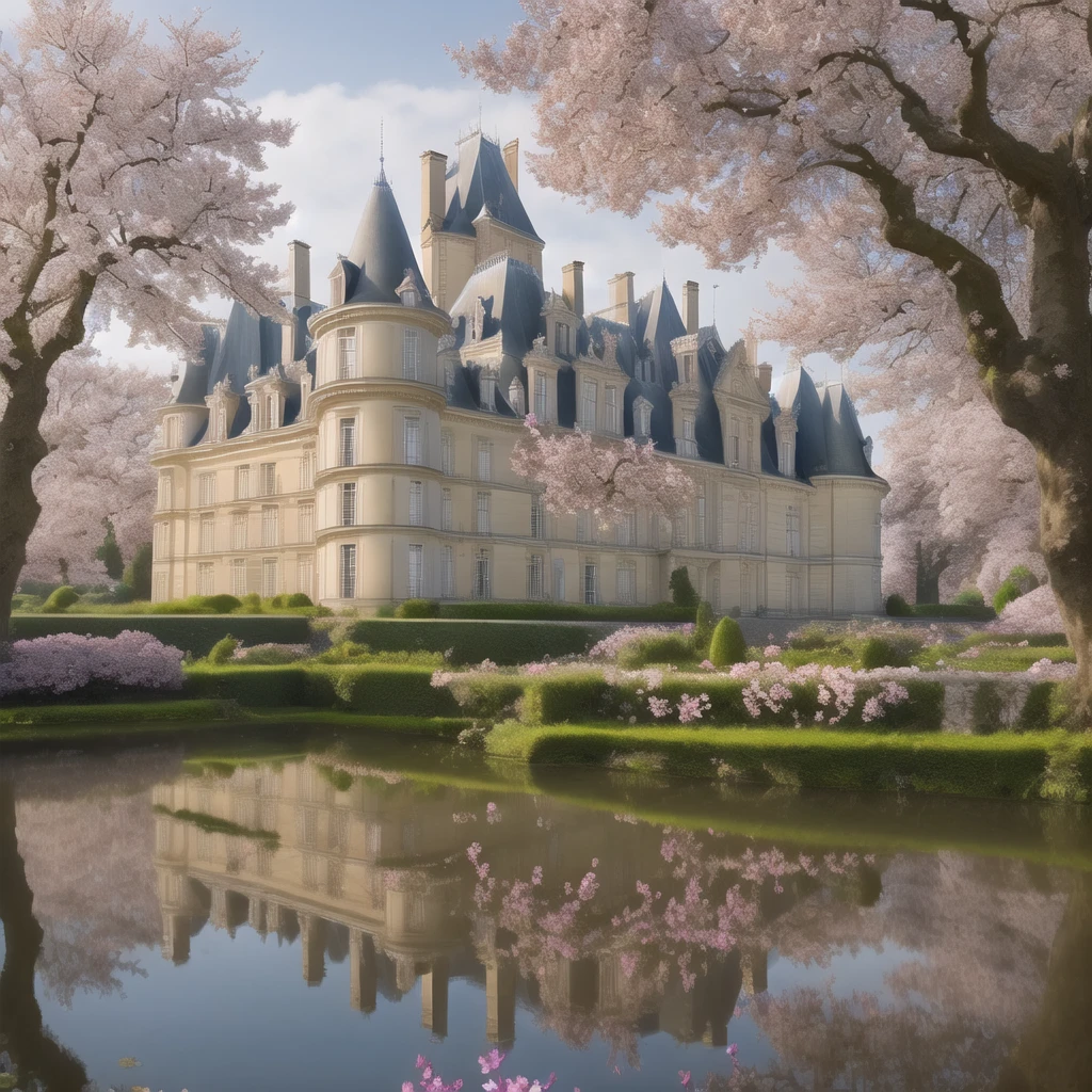 un château, des cerisiers en fleurs, des samouraï et des dragons dans un univers mystique