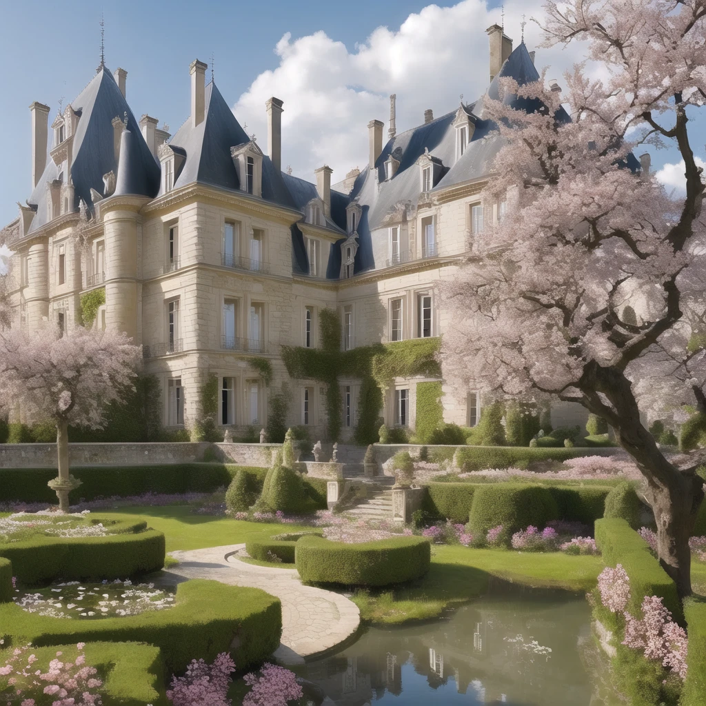 a chateau, des cerisiers en fleurs, des samouraï et des dragons dans un univers mystique