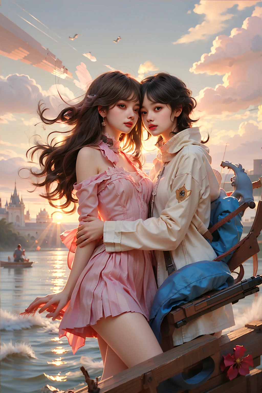 (1 girl, beauty, Long brown hair，pretty eyes，kissable lips:1.5) (Vision)，(panoramic:1.5)，(Wide angle shot:1.3), The background a European town, sunset，lolita style，Second Dimension，Masterpiece，high quality and high resolution，comic books，small fresh, (cowboy shot:1.8), HD, retina, necessary, anatomically correct, textured skin, super detail, awarded, Best Quality, 8k, HD