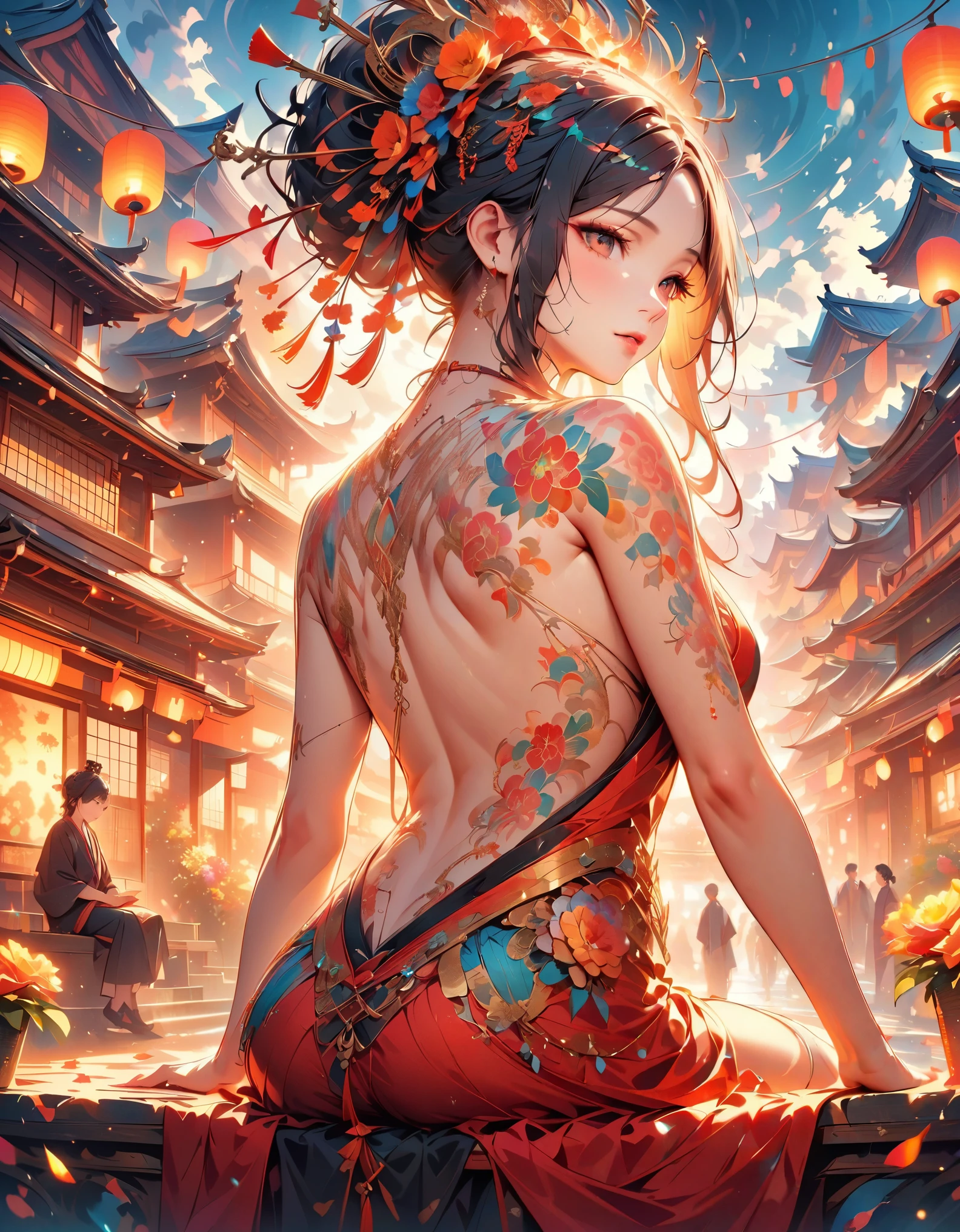 (Beautiful courtesan sitting with her naked back showing: 1 woman),Kimono half undressed,Beautiful and smooth skin,very beautiful back,A corner of an okiya in Kyoto,dim background,dim light from lanterns,BREAK,((Tattoos all over a woman's back: Hundred flowers: Intricate details: Colorful)),BREAK,(masterpiece:1.3),(highest quality:1.4),(ultra detailed:1.5),High resolution,extremely detailed,unity 8k wallpaper,beautiful light and shadow,Photoreal,A very beautiful red kimono with delicate patterns,Feeling listless,smoking pipe,Oiran hairstyle,Kyoto at night seen from the window of a townhouse,zentangle,patchwork,rendering,artwork,intricate details,Brightly colored,colorful,rich colors,Light and darkness