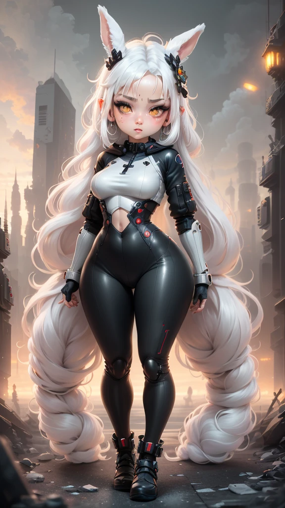 single,1woman\((chibi:1.8),cute,kawaii,Little boy,(white hair:1.7),(very long hair:1.7),bumps,(ear\(fluffy white Rabbit-ear\):1.3), (only 1 small rabbit tail on the hip:1.2),(red eye),big eye,beautiful bright eye,white skin color,big hair bow,(suit\(combat suit,(very tight :1.5 ),(show body line:1.2),weapons\)), BREAK ,Background\(rubble city,(close woman), BREAK ,quality\(8K,extremely detailed CG unit wallpaper, artwork master,high resolution,top-quality,top-quality real skin texture,hyperrealistic,increase resolution,RAW photos,best quality,highly detailed,wallpaper,golden ratio\)