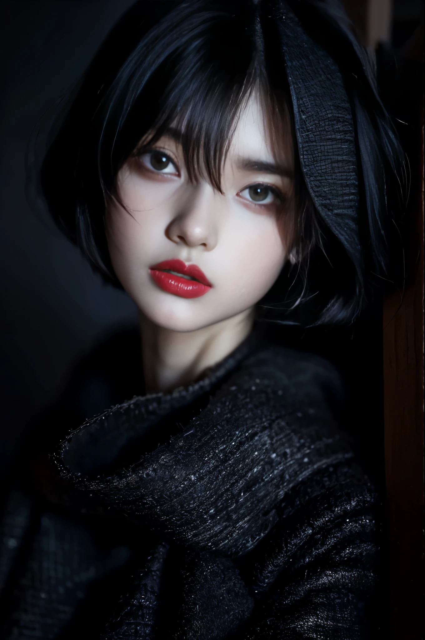 (High resolution,Practical) Short hair girl,skirt, Beautiful demon woman from hell, (in the darkness: 1.6), Very rich facial details，Red-black lips,，rugged, Moderate: Detailed facial features, Determine the expression, Dark background