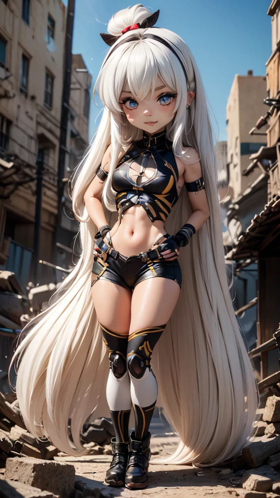 single,1woman\((chibi:1.8),cute,kawaii,Little boy,(white hair:1.7),(very long hair:1.7),bumps,(ear\(fluffy white Rabbit-ear\):1.3), (only 1 small rabbit tail on the hip:1.2),(red eye),big eye,beautiful bright eye,white skin color,big hair bow,(suit\(combat suit,(very tight :1.5 ),(show body line:1.2),weapons\)), BREAK ,Background\(rubble city,(close woman), BREAK ,quality\(8K,extremely detailed CG unit wallpaper, artwork master,high resolution,top-quality,top-quality real skin texture,hyperrealistic,increase resolution,RAW photos,best quality,highly detailed,wallpaper,golden ratio\)