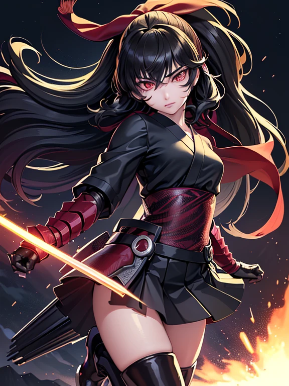 Anime-Serie, Mädchen, (((1 Mädchen))), (((Waifu, Raven Branwen, Raven Branwen Waifu))), (((Schwarzes Haar, Zerzaustes Haar))), ((Purpurrote Augen: 1.3, Nach oben gerichtete Augen: 1, perfekte Augen, Schöne, detaillierte Augen, Farbverlauf-Augen: 1, fein detaillierte schöne Augen: 1, Symmetrische Augen: 1, Großes Highlight auf den Augen: 1.2)), (((glänzende Haut: 1.5, helle Haut: 1.5, Hauthell, Glänzende Haut, Very Glänzende Haut, glänzender Körper, Kunststoff-Glitzerhaut, Exaggerated Glänzende Haut, leuchtende Haut))), (detaillierter Körper, (detailliertes Gesicht)), jung, lolita, (beste Qualität), (((Bizepshohe Stulpen, gepanzerte Stiefel, Overknee-Stiefel, gepanzerte Stulpen))), (((Kampfkimono))), (((Rock))), hohe Auflösung, scharfer Fokus, Extrem detailliert, extrem detailliert, extrem hochwertige Kunstwerke, (Realistisch, fotorealistisch: 1.37), 8k_HINTERGRUND, (extrem detailliert CG 8k), (Sehr feine 8K CG), ((Hyper Super Extrem detailliert Perfect Piece)), (((Makelloses Meisterwerk))), Illustration, leuchtende Farben, (kompliziert), Hoher Kontrast, Selektive Beleuchtung, Doppelgefährdung, HDR (Hoher Dynamikbereich), Nachbearbeitung, Hintergrundunschärfe