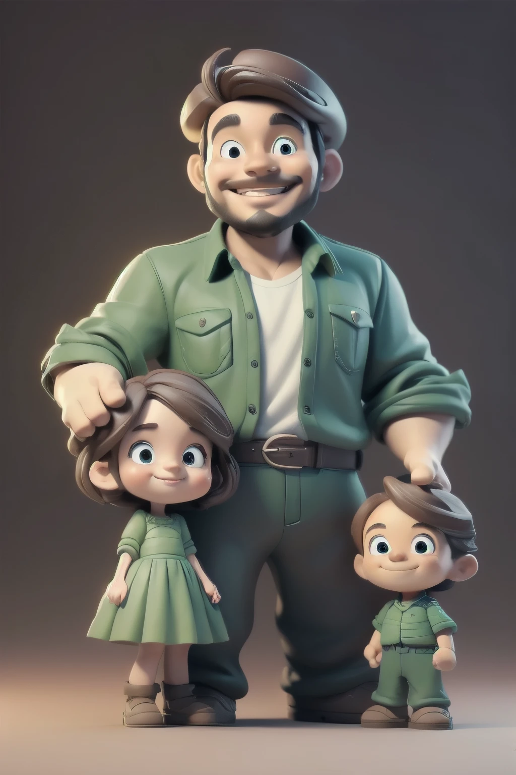 clay material, 3d cartoon, a figure of a cute Dad smiling with his son and a cute daughter, full body, complete