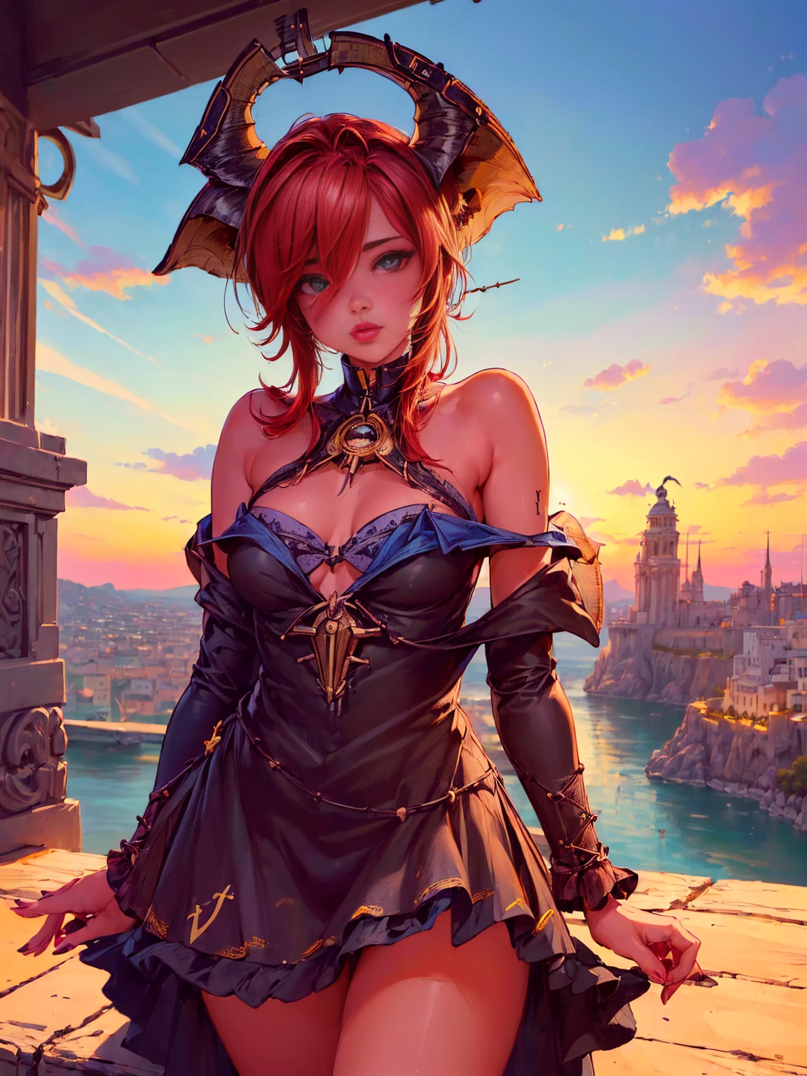 (1 German girl alone, beauty, long, blonde hair，pretty eyes，kissable lips:1.5) (Vision)，(panoramic:1.5)，(Wide angle shot:1.3), The background a European town, sunset，lolita style，Second Dimension，Masterpiece，high quality and high resolution，comic books，small fresh, (cowboy shot:1.8), HD, retina, necessary, anatomically correct, textured skin, super detail, awarded, Best Quality, 8k, HD