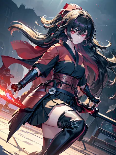 Anime, Girl, (((1girl))), (((Waifu, Raven Branwen, Raven Branwen Waifu))), (((Black Hair, Messy Hair))), ((Crimson Red Eyes eyes...