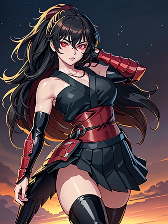 Anime, Girl, (((1girl))), (((Waifu, Raven Branwen, Raven Branwen Waifu))), (((Black Hair, Messy Hair))), ((Crimson Red Eyes eyes: 1.3, Upturned Eyes: 1, Perfect Eyes, Beautiful Detailed Eyes, Gradient eyes: 1, Finely Detailed Beautiful Eyes: 1, Symmetrical Eyes: 1, Big Highlight On Eyes: 1.2)), (((Lustrous Skin: 1.5, Bright Skin: 1.5, Skin Fair, Shiny Skin, Very Shiny Skin, Shiny Body, Plastic Glitter Skin, Exaggerated Shiny Skin, Illuminated Skin))), (Detailed Body, (Detailed Face)), Young, Lolita, (Best Quality), (((Bicep-high Gauntlets, Armored Boots, Thigh-high Heeled Boots, Armored Gauntlets))), (((Battle Kimono))), (((Skirt))), High Resolution, Sharp Focus, Ultra Detailed, Extremely Detailed, Extremely High Quality Artwork, (Realistic, Photorealistic: 1.37), 8k_Wallpaper, (Extremely Detailed CG 8k), (Very Fine 8K CG), ((Hyper Super Ultra Detailed Perfect Piece)), (((Flawless masterpiece))), Illustration, Vibrant Colors, (Intricate), High Contrast, Selective Lighting, Double Exposure, HDR (High Dynamic Range), Post-processing, Background Blur