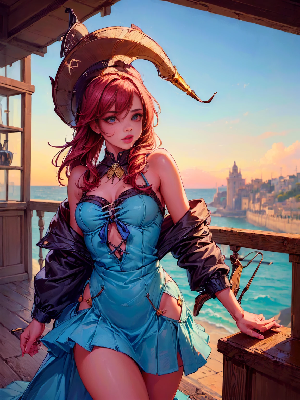 (1 German girl alone, beauty, long, blonde hair，pretty eyes，kissable lips:1.5) (Vision)，(panoramic:1.5)，(Wide angle shot:1.3), The background a European town, sunset，lolita style，Second Dimension，Masterpiece，high quality and high resolution，comic books，small fresh, (cowboy shot:1.8), HD, retina, necessary, anatomically correct, textured skin, super detail, awarded, Best Quality, 8k, HD