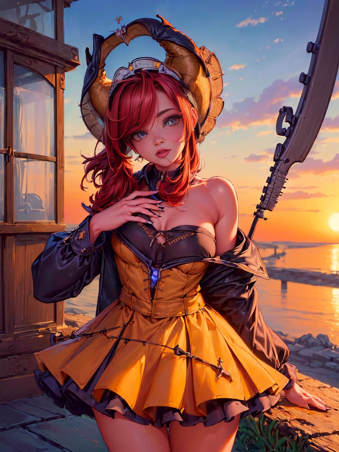 (1 German girl alone, beauty, long, blonde hair，pretty eyes，kissable lips:1.5) (Vision)，(panoramic:1.5)，(Wide angle shot:1.3), The background a European town, sunset，lolita style，Second Dimension，Masterpiece，high quality and high resolution，comic books，small fresh, (cowboy shot:1.8), HD, retina, necessary, anatomically correct, textured skin, super detail, awarded, Best Quality, 8k, HD