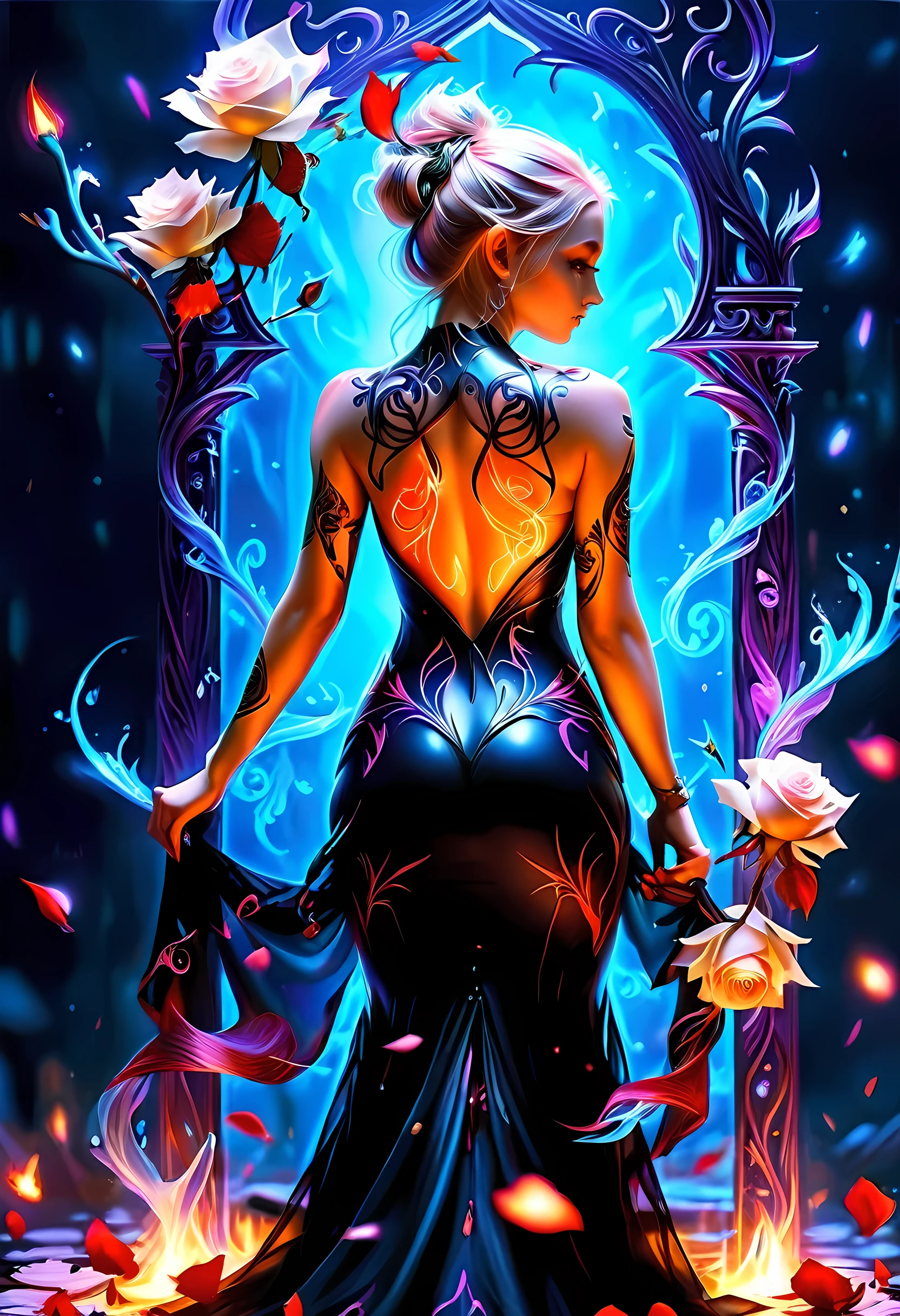 Arafed, Dark arte de fantasia, arte de fantasia, arte gótica, a picture of a tattoo on o back of a female elf, uma tatuagem brilhante de um ((Rosa Branca: 1.3)) on o elf's back, o ((Tatuagem Rosa)) is vivid, intricate detailed coming to life from o ink to real life, GlowingRunesAI_roxo, ((fire surrounds o rose petals: 1.5)), shot taken from o back, ((o back is visible: 1.3), ela usa um vestido preto transparente, costas nuas, o dress is elegant, fluindo, Estilo élfico, that o (Tatuagens brilham: 1.1), cor de cabelo dinâmica, estilo de cabelo dinâmico, faize,rosas, aposta
