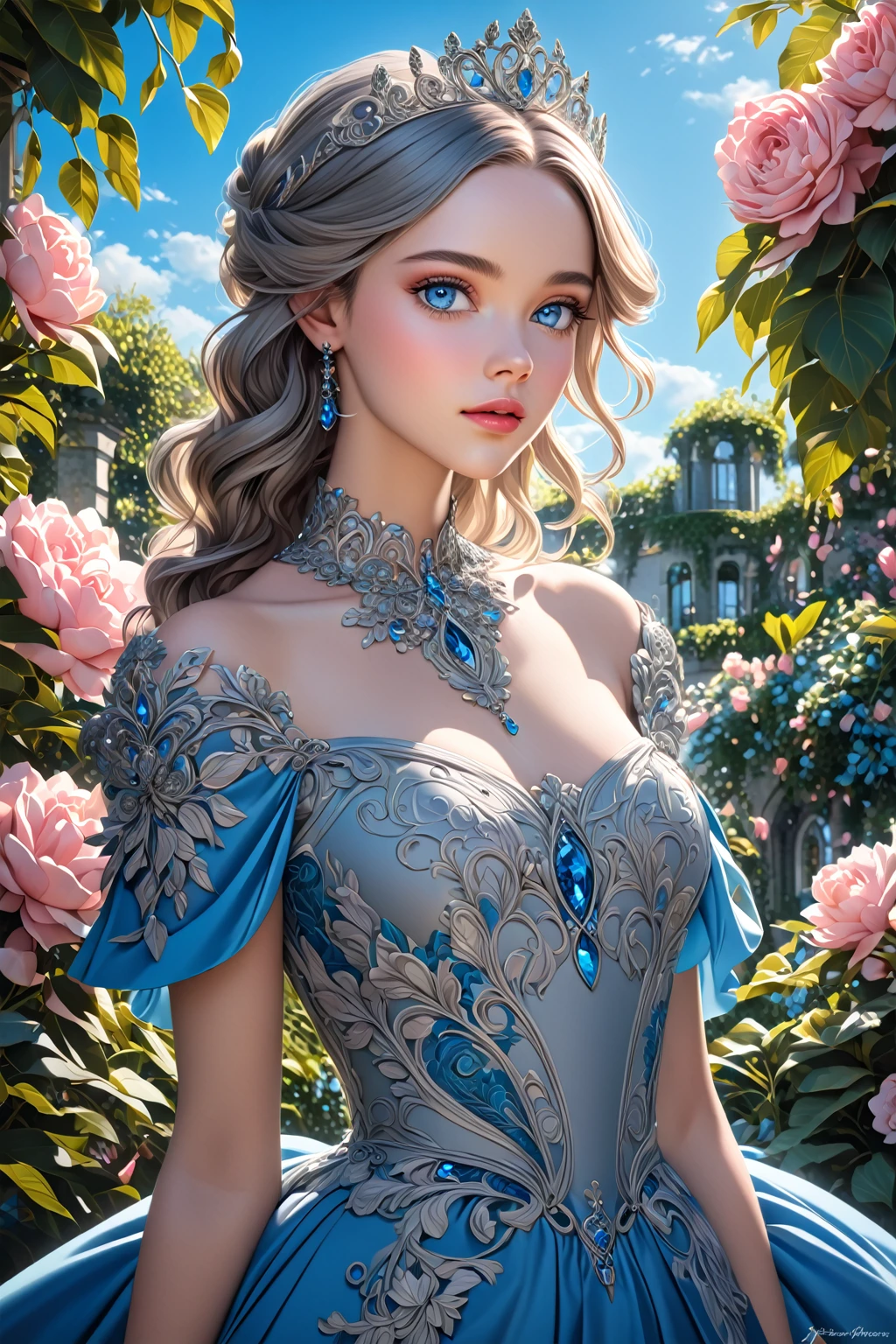 a beautiful princess in a lush garden, vibrant blue sky, detailed face and eyes, volumetric lighting, intricate details, photorealistic, high class fashion, masterpiece, professional digital art, cinematic color palette, using a palette of light pink, muted blue, dark grayish blue, bright blue, very dark gray, and light grayish blue