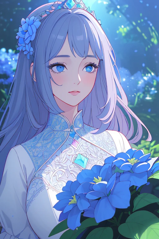 a beautiful princess in a lush garden, vibrant blue sky, detailed face and eyes, volumetric lighting, intricate details, photorealistic, high class fashion, masterpiece, professional digital art, cinematic color palette, using a palette of light pink, muted blue, dark grayish blue, bright blue, very dark gray, and light grayish blue