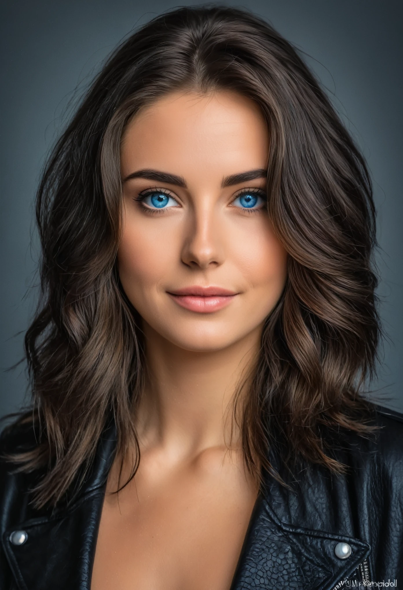 foto de retrato realista de una hermosa mujer con cabello negro, HDR ruso, piel ultra texturizada, hombre de influencia, cara linda, blue eyes, sin maquillaje, Instagram, 4k, Muy detallado, pechos medianos, trasero redondo, vistiendo lenceria negra, sujetador negro, abrigo de piel negro , sonriente, longitud total