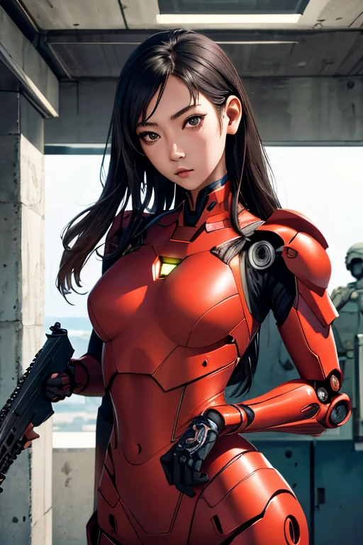 head to bust:1.5、survival game、Robot-like heavily armored soldier、survival gameのフィールド、A beautiful girl is holding a firearm、Vulcan cannon、m134 milligun、Material Rifle、heavy machine gun、ironman、