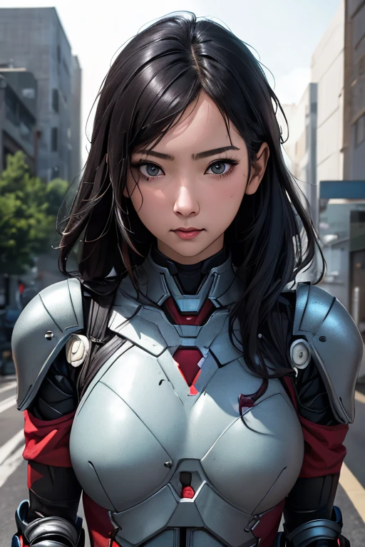 head to bust:1.5、survival game、Robot-like heavily armored soldier、survival gameのフィールド、A beautiful girl is holding a firearm、Vulcan cannon、m134 milligun、Material Rifle、heavy machine gun、ironman、