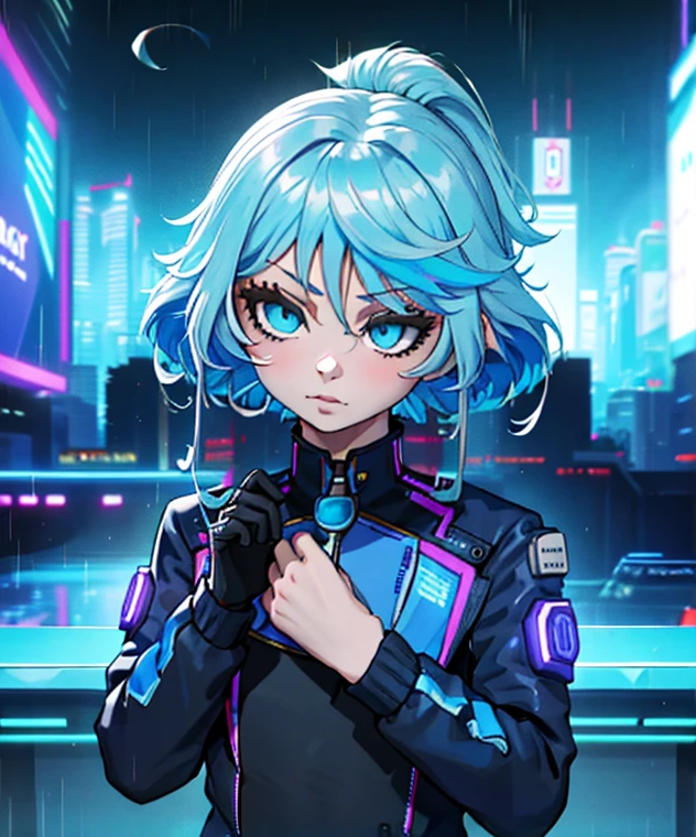 Portrait, portrait style, Furina Focalors, cute and sexy girl, blue short sleeve jacket, cyberpunk, cyberpunk style, Hologram, hologram interface, cyber interface, augmentations, cyberpunk augmentations, streat, night city, rain, heavy rain. No hands