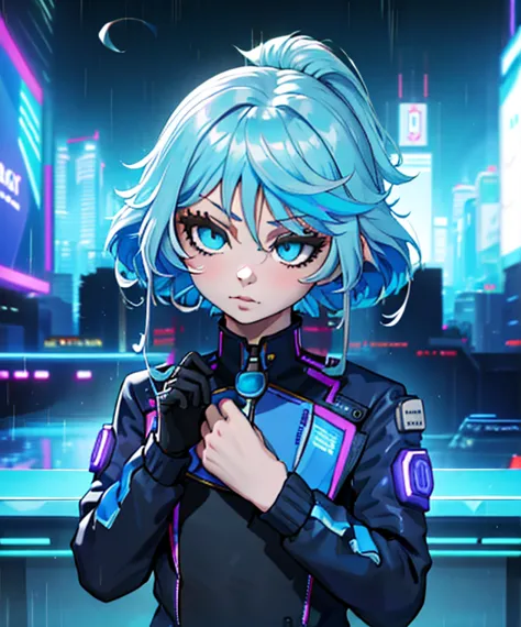 Portrait, portrait style, Furina Focalors, cute and sexy girl, blue short sleeve jacket, cyberpunk, cyberpunk style, Hologram, h...