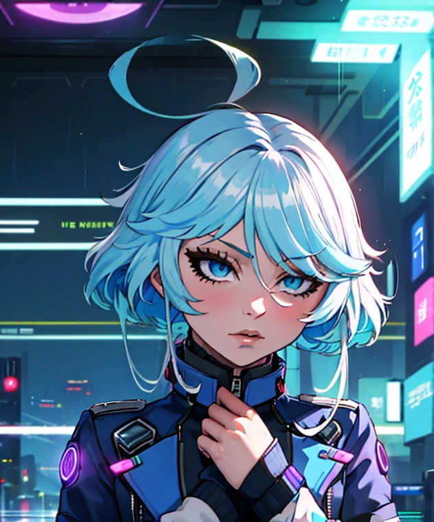 Portrait, portrait style, Furina Focalors, cute and sexy girl, blue short sleeve jacket, cyberpunk, cyberpunk style, Hologram, hologram interface, cyber interface, augmentations, cyberpunk augmentations, streat, night city, rain, heavy rain. No hands