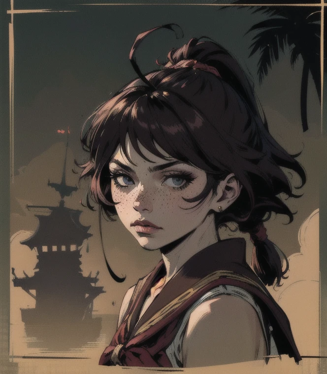 soothing tones, muted colors, high contrast, (hyperrealism, soft light, sharp),  1 girl, adult german woman, freckles, black eyes, black hair, ombre,
Style-GravityMagic, focus on character, portrait, (battlescars:0.7), looking at viewer, solo,  half shot, detailed background, samurai theme:1.1), cursed sailor, brown skin,   privateer sailor uniform,   dark expression,  treasure map, coastal pirate town,  pier, docks,  camp,  palm trees,  peaceful,   sunrise, dark fantasy atmosphere,