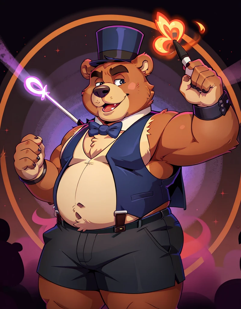 Un oso antropomórfico macho gordito rojo que lleva,un chaleco, shorts cortos, tirantes, sombrero de copa, pajarita y puños, sosteniendo una varita mágica 