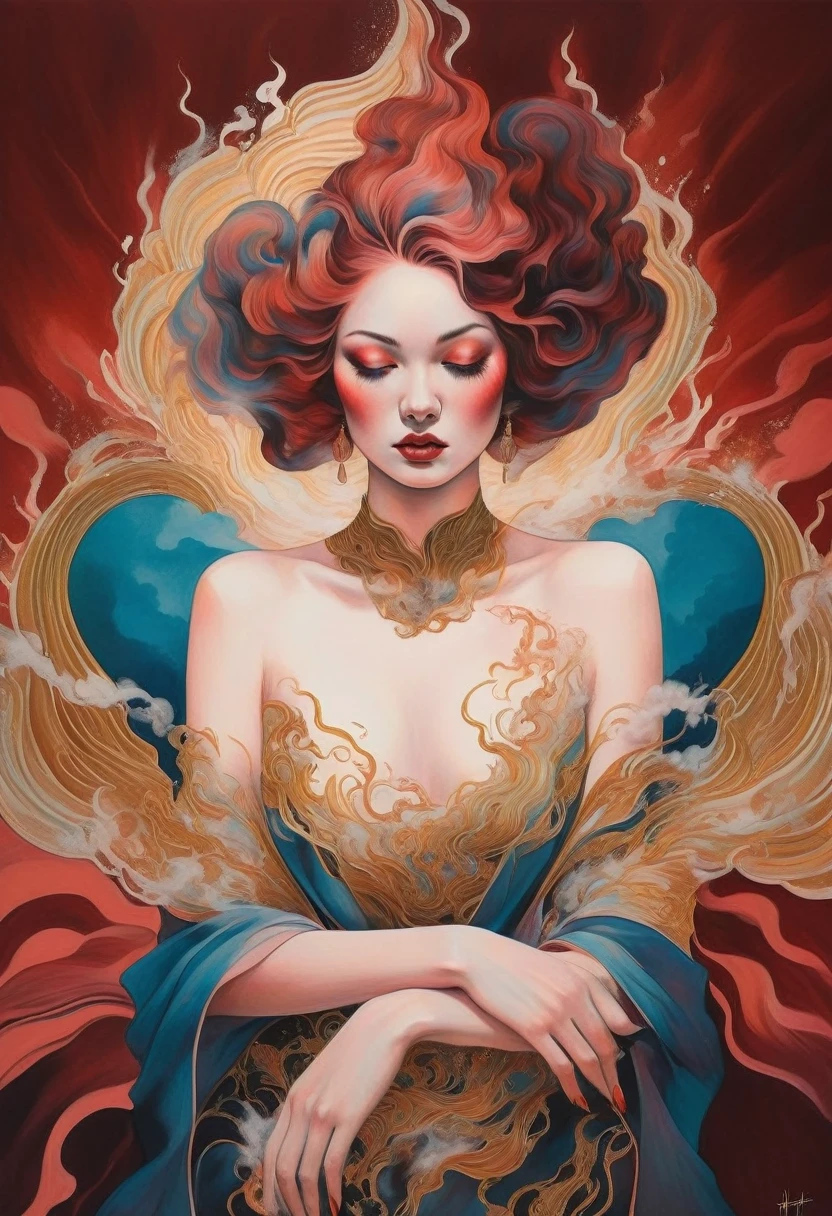 chiaroscuro technique on sensual illustration of an devilish woman portrait of a woman covered in cloud of smoke, whirlwind, coral highlight colors, coral make-up, hints of pastel, misty, seductive, sultry, breathtaking, oil painting style, artistic, aesthetic modern art, hyper-realism by Hannah Dale, by Harumi Hironaka