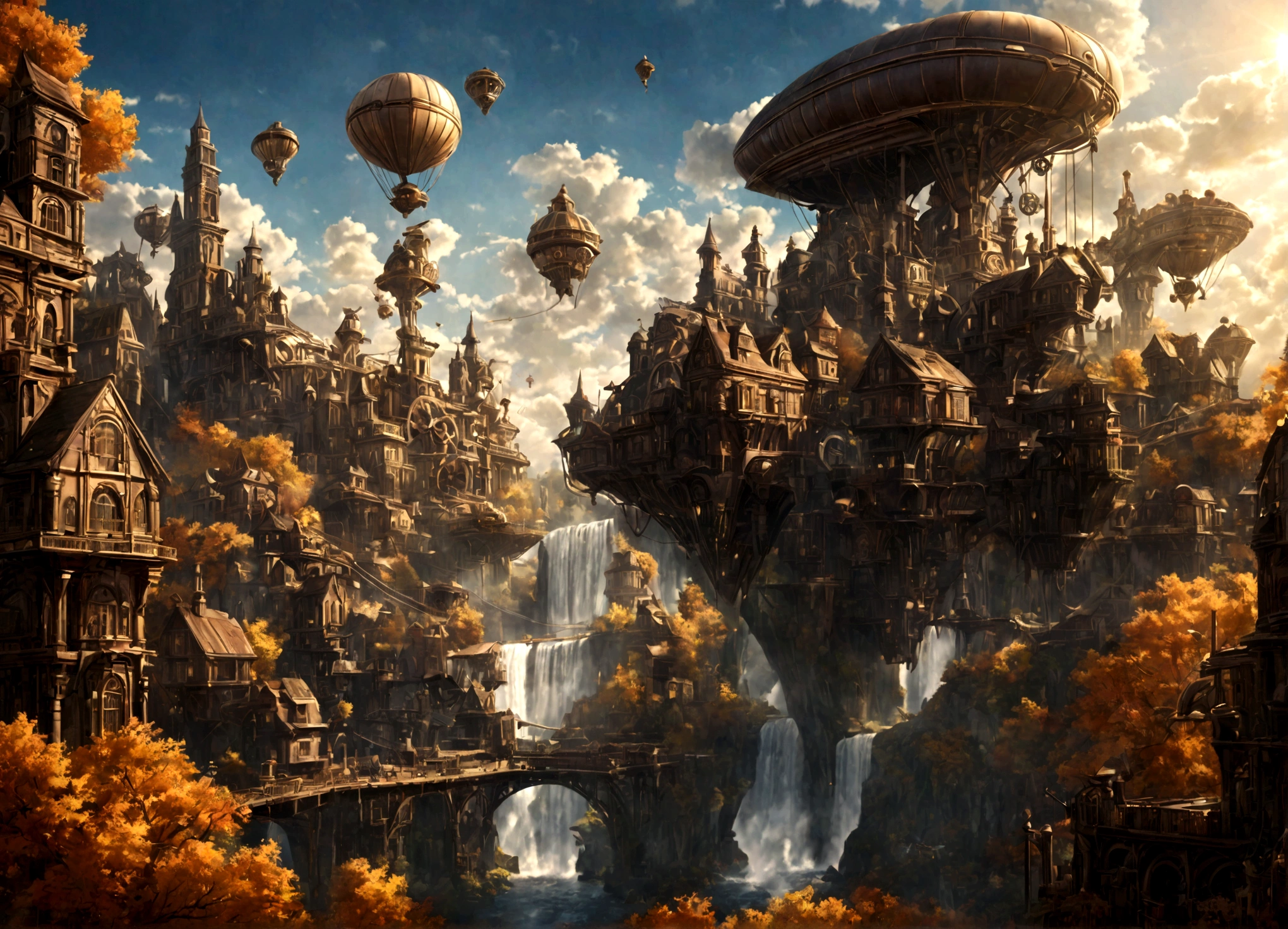 a beautiful steampunk clockwork city, small airships, floating islands, waterfalls, autumn themed forest, detailed architecture, advanced machinery, gears, brass, copper, beautiful sky, sunlight, lens flare, dramatic lighting, intricate details, photorealistic, highly detailed, cinematic, concept art style