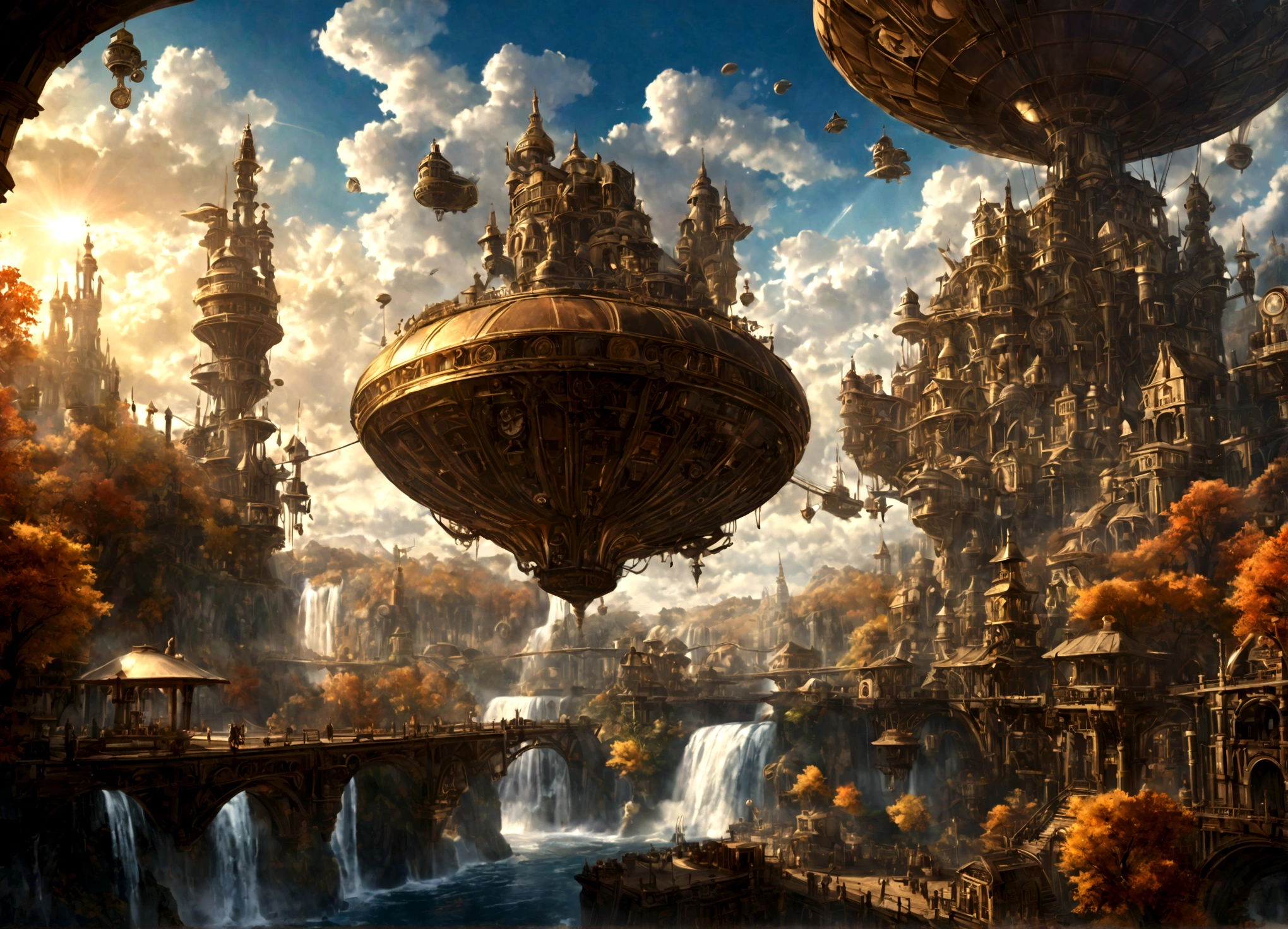 a beautiful steampunk clockwork city, small airships, floating islands, waterfalls, autumn themed forest, detailed architecture, advanced machinery, gears, brass, copper, beautiful sky, sunlight, lens flare, dramatic lighting, intricate details, photorealistic, highly detailed, cinematic, concept art style