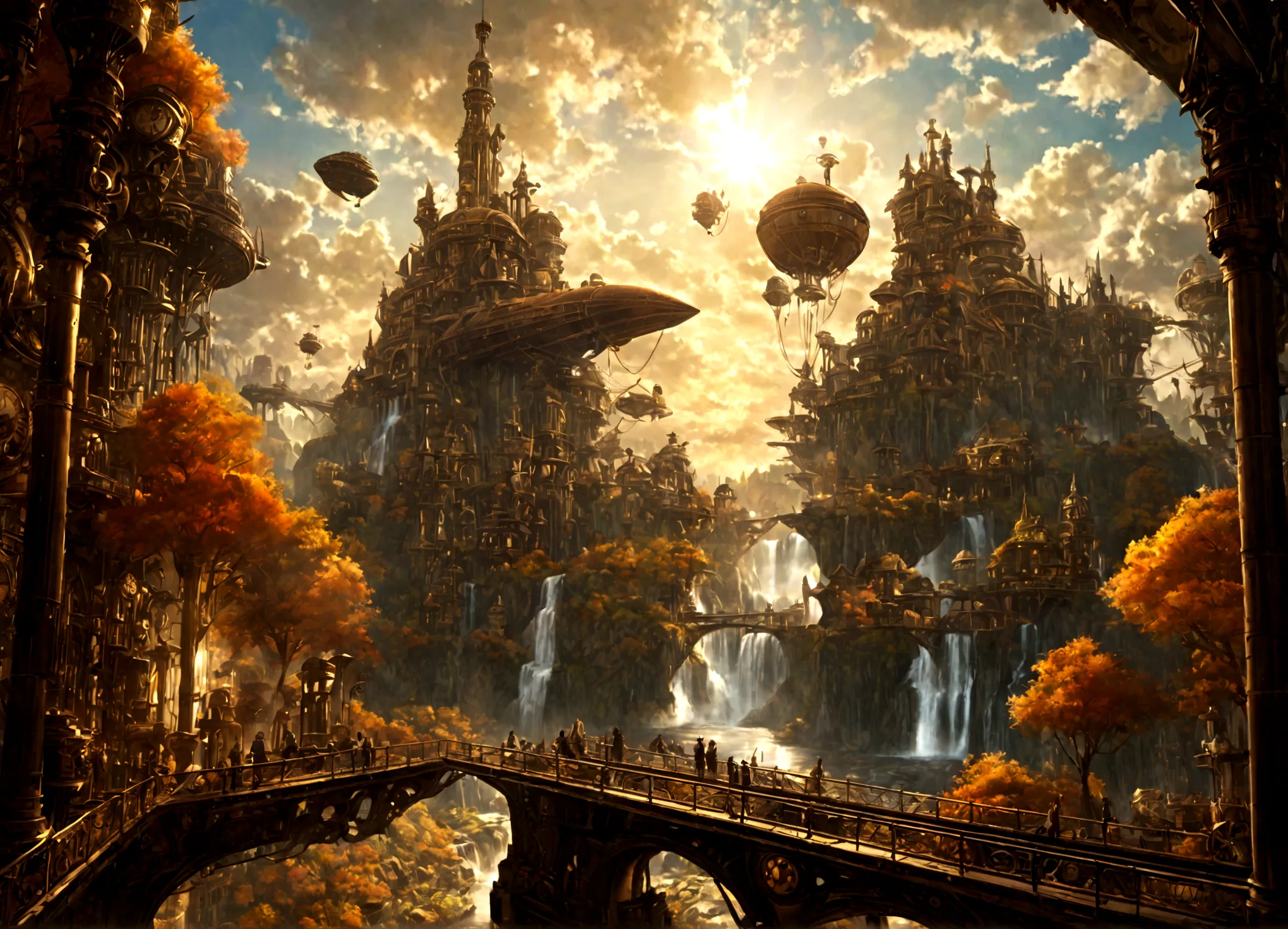 a beautiful steampunk clockwork city, small airships, floating islands, waterfalls, autumn themed forest, detailed architecture,...