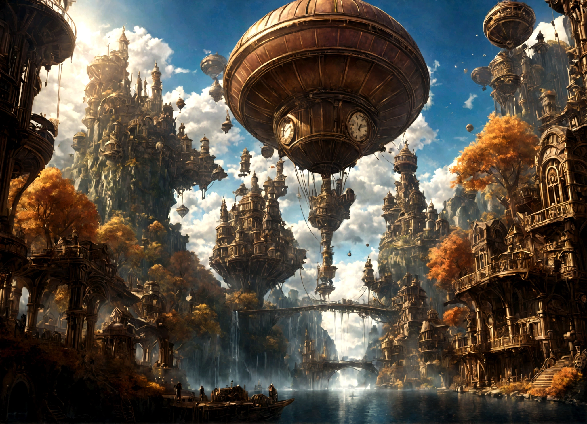 a beautiful steampunk clockwork city, small airships, floating islands, waterfalls, autumn themed forest, detailed architecture, advanced machinery, gears, brass, copper, beautiful sky, sunlight, lens flare, dramatic lighting, intricate details, photorealistic, highly detailed, cinematic, concept art style