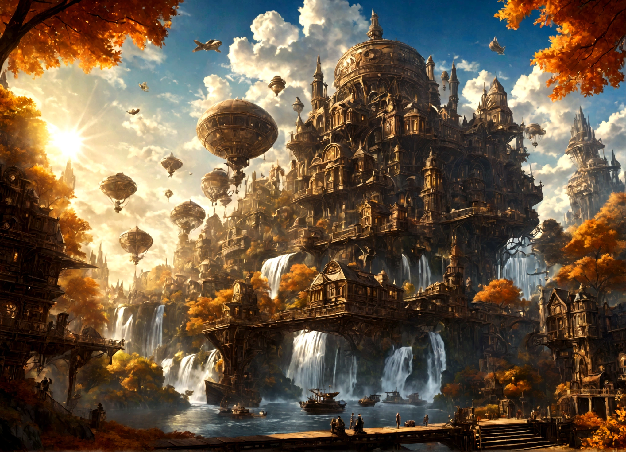 une belle ville mécanique steampunk, petits dirigeables, îles flottantes, cascades, forêt sur le thème de l&#39;automne, architecture détaillée, machines avancées, engrenages, laiton, cuivre, Beau ciel, lumière du soleil, reflet, Éclairage dramatique, détails complexes, Photoréaliste, très détaillé, Cinématique, style artistique conceptuel