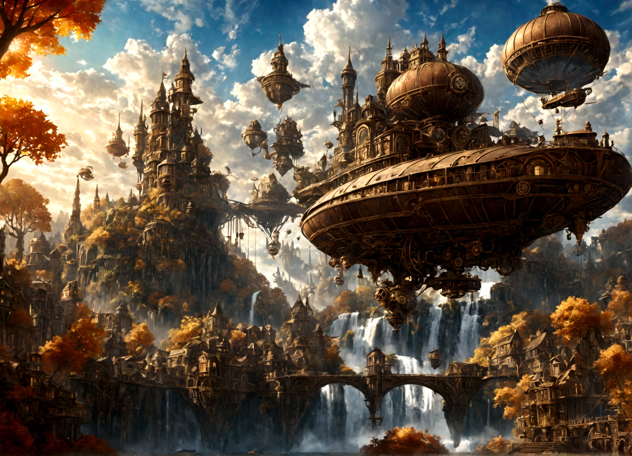 a beautiful steampunk clockwork city, small airships, floating islands, waterfalls, autumn themed forest, detailed architecture, advanced machinery, gears, brass, copper, beautiful sky, sunlight, lens flare, dramatic lighting, intricate details, photorealistic, highly detailed, cinematic, concept art style