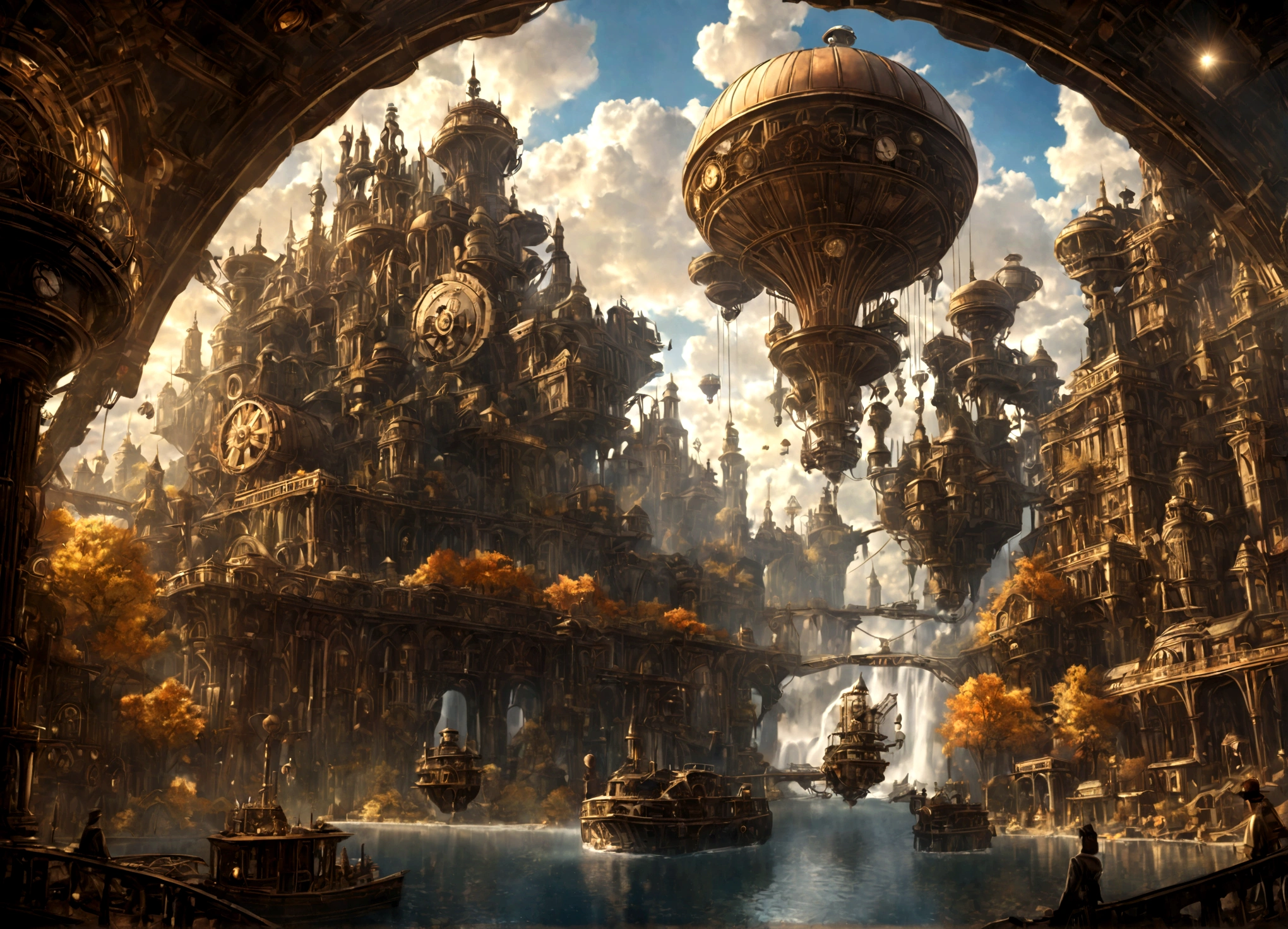 a beautiful steampunk clockwork city, small airships, floating islands, waterfalls, autumn themed forest, detailed architecture, advanced machinery, gears, brass, copper, beautiful sky, sunlight, lens flare, dramatic lighting, intricate details, photorealistic, highly detailed, cinematic, concept art style