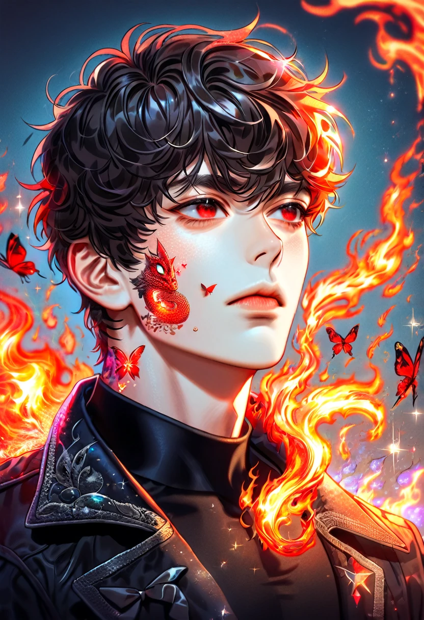 (absurdres, highres, ultra detailed, HDR) master piece, best quality, perfect face, Han Yoohyun, black messy hair, short hair, expressive red eyes, The S-Classes That I Raised, solo, sexy man, handsome, black coat, black tight shirt, magical, sparkling, fantasy, fire, red butterflies, lizard tattoo on the right cheek