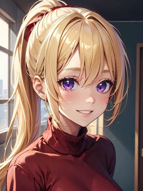 (masterpiece, best quality:1.4), 8k, close up, blonde ponytail hair, messy hair, young adult, anime girl, smiling, happy, light ...