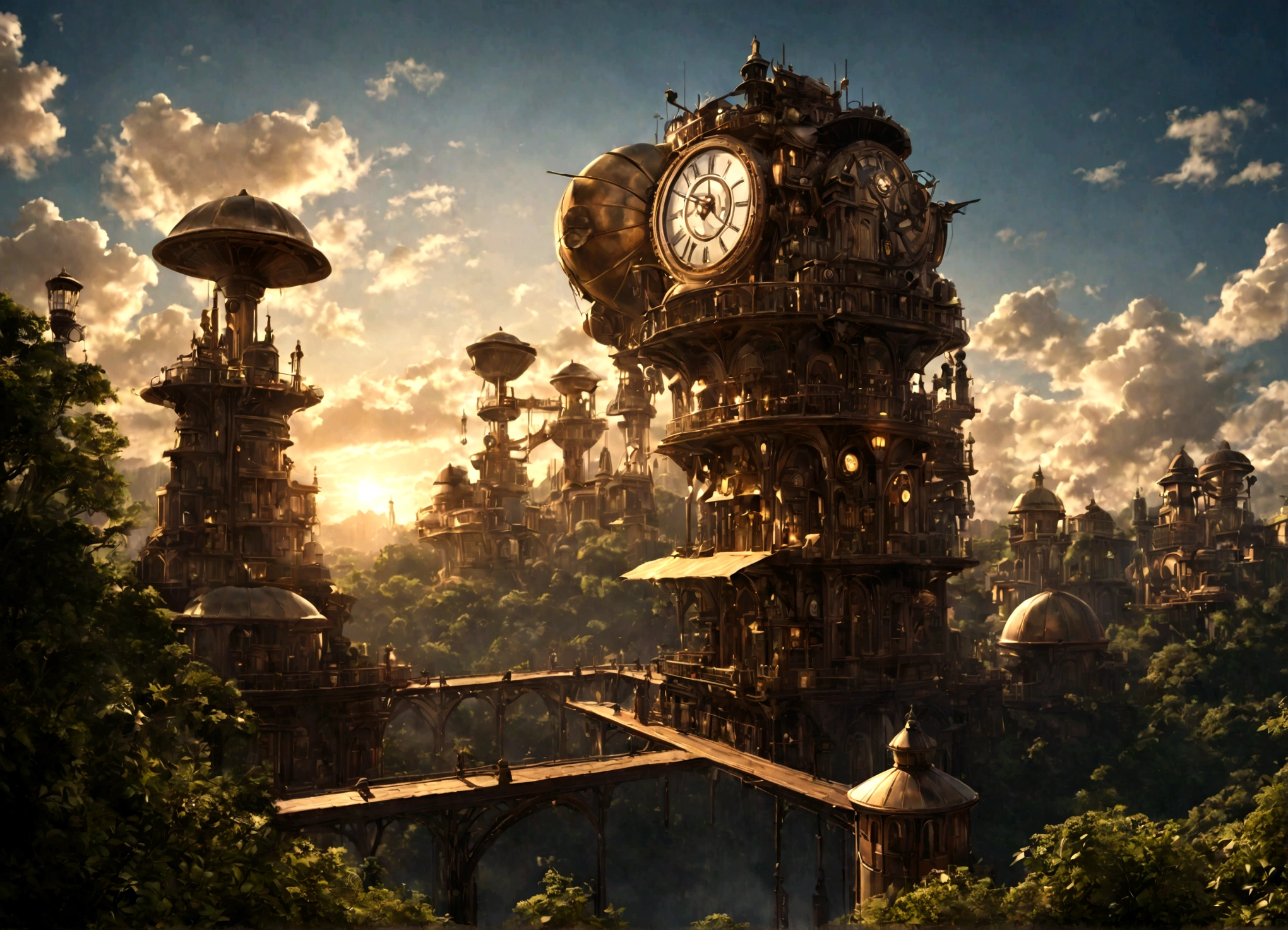 a beautiful steampunk mechanical city, small aircraft, floating islands, Water Falls, autumn themed forest, detailed architecture, advanced machinery, gears, brass, cobre, beautiful sky, lighting sun, Lens flare, dramatic lighting, details Intricate, photorrealistic, highy detailed, cinematic, concept art style