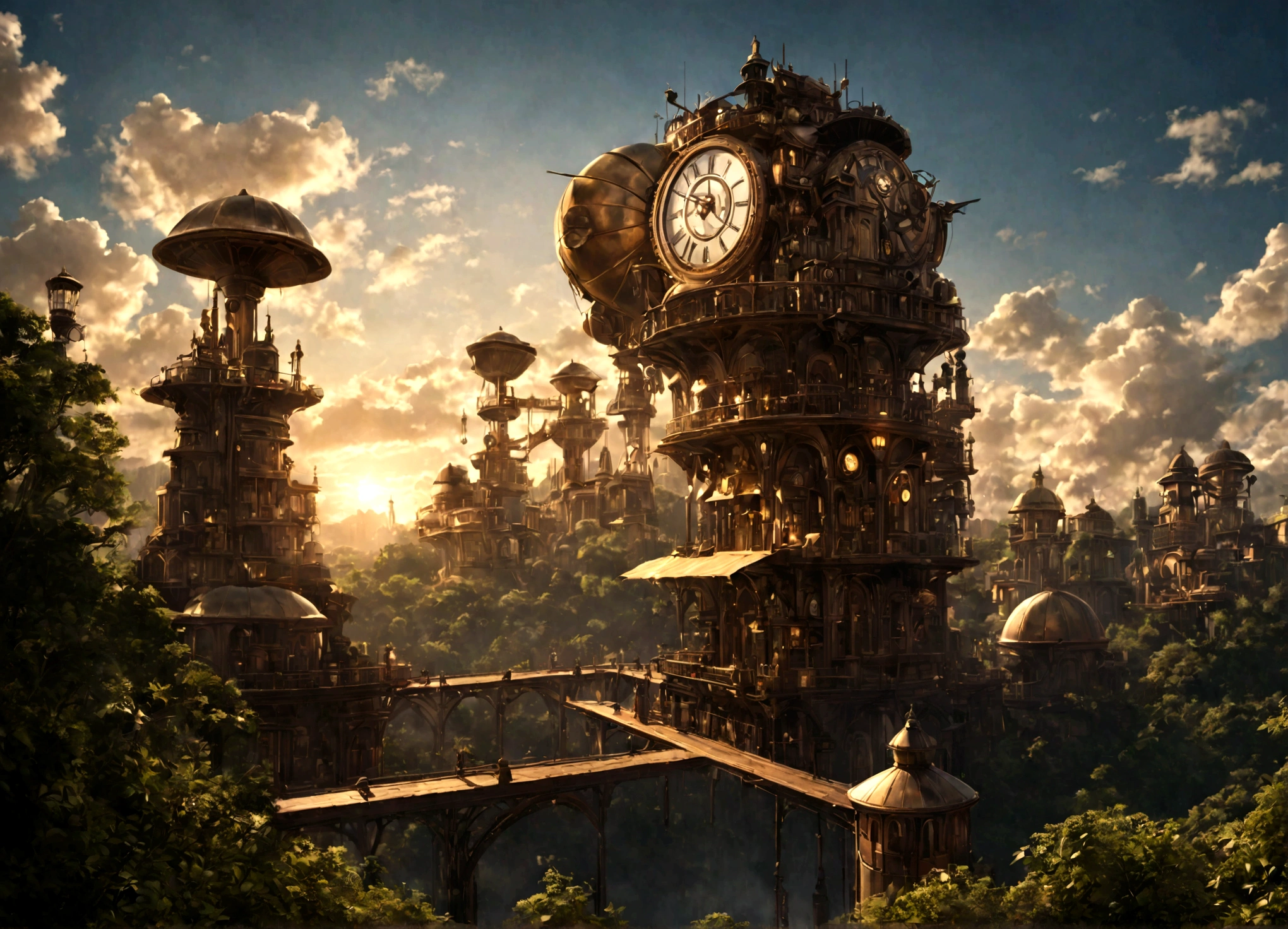 a beautiful steampunk mechanical city, pequenas aeronaves, ilhas flutuantes, cachoeiras, floresta com tema de outono, arquitetura detalhada, advanced machinery, engrenagens, brass, cobre, beautiful sky, luz solar, reflexo de lente, dramatic lighting, detalhes intrincados, Fotorrealista, altamente detalhado, cinematic, estilo de arte conceitual