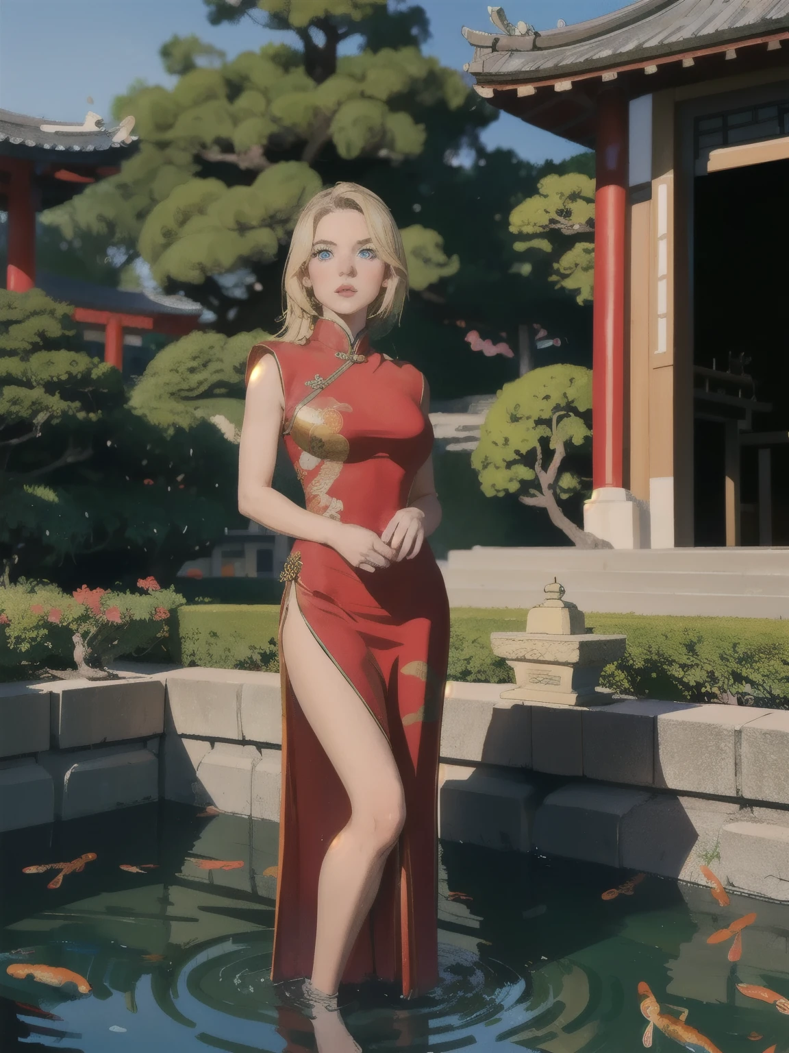 girl standing in a chinese garden, wearing a intricate chinese red dress, pouty lips, blonde hair, blue eyes, bright pupils, scenery, temple, park, pond, koi fish, bonsai, portrait, beautiful, realistic, dynamic lighting