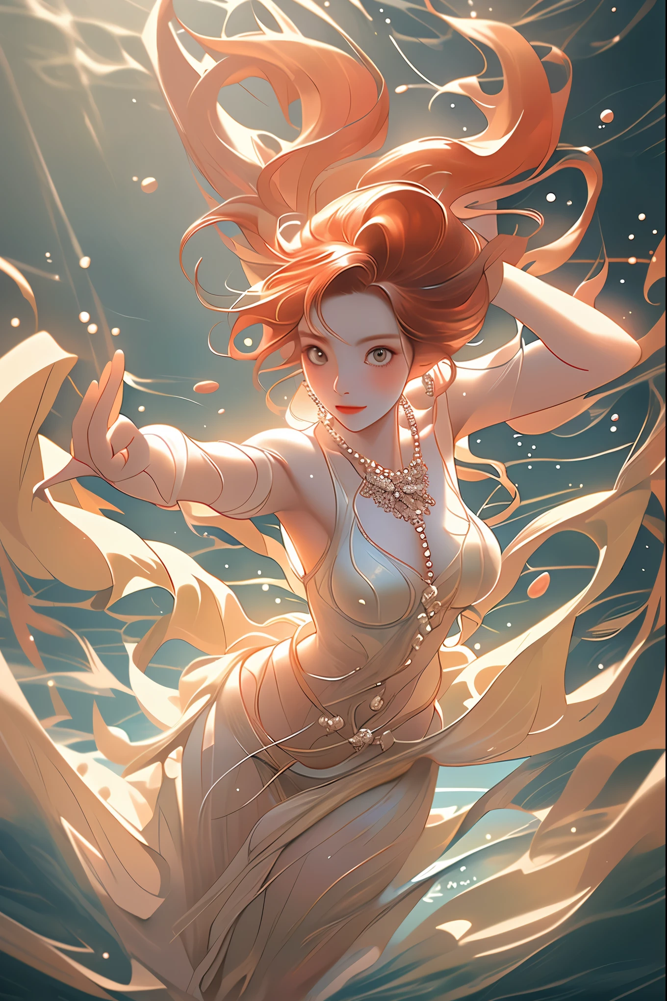 one korean siren dancing underwater wearing strips of ragged pearl jewellery and torn silks uplifted by swirling water, ultrarealistic, HD, 4k, dancing and beckoning, long flowing auburn hair, ray tracing, reflective sunlight, masterpiece, high detail, super detailed, baroque, delicate and detailed eyes, detailed face, delicate makeup, clavicle chain, looking at the camera, viewed from above, drowned treasure ships on the seafloor, sea monsters attacking a sailing ship in the background beneath a stormy sea viewed from below, sexy and seductive pose beckoning the viewer to join her dance, 