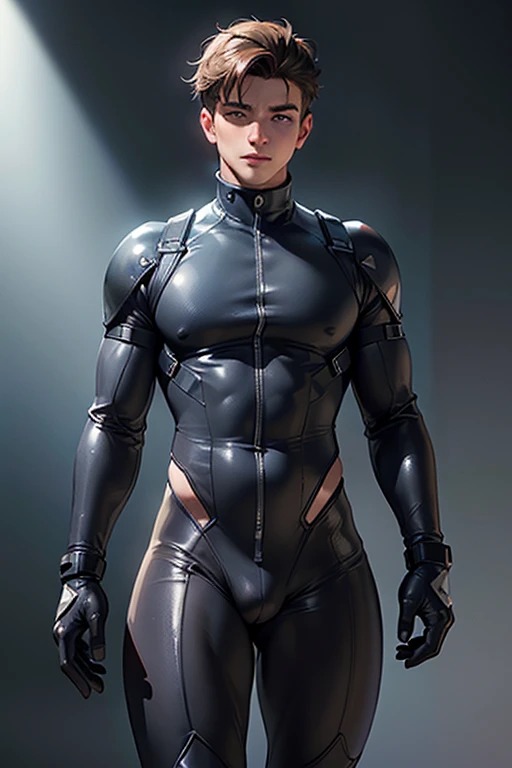 ((Best Quality, 8K, ultra-detailed, Masterpiece: 1.3)), 1boy, shiny skin, sharp, Perfect Body Beauty, realistic shaded perfect body, (cute baby face:1.1),("bodysuit, techwear,big bulge ":1.2),("leggins , armor":1.1),("glove, armor":1.1 ),(techwear)(dynamic pose:1.1), thigh , battle field , (bulge focus:1.2)