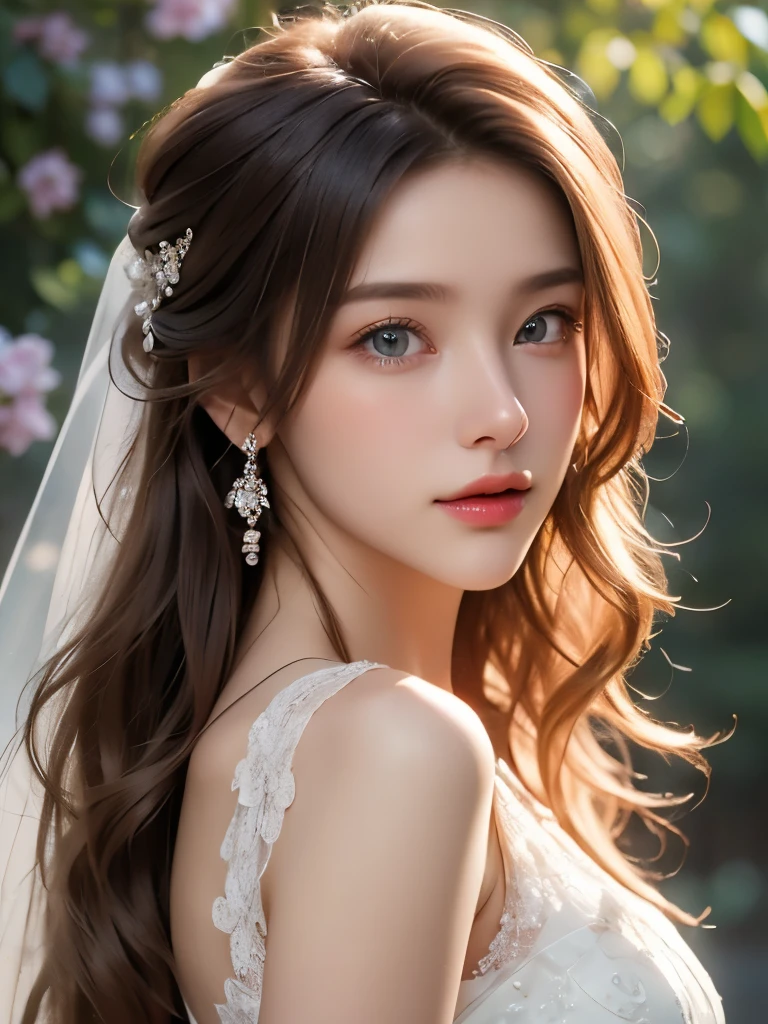 Bridal Veil, Lace Trim Dresses, Wedding dress, Outdoor,  Very detailed,、(((masterpiece)))、((highest quality))、((超Realistic))、Best image quality、Fine-grained image quality、beautiful、European, woman, Italian、Bronze Hair、Golden Hair、jewelry, blue eyes, Realistic, Soft Light,Hip Up, Glowing Skin, (Detailed face),blonde, Wavy Hair,Perfect balance,