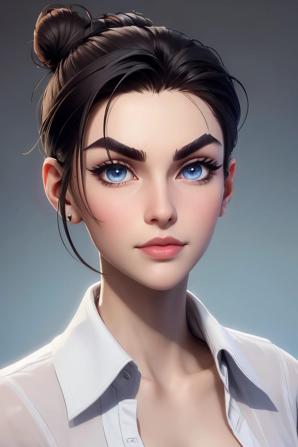 ((( portrait))) of beautiful brunette (female) in her 30s ,mature look, (small mouth) but (thick kissable lips), shy gaze, ((((tiny snob nose)))) ,( prefect shaped eyes),((blue eyes)) ,long eyelashes, eyeliner ,((( thick eyebrows))) , charming, cute , ((( sleek slicked back hair bun ))), ( black hair), fair skin, modern look, stylish , classy, wearing Unbuttoned classic shirt, clivage , Castlevania style