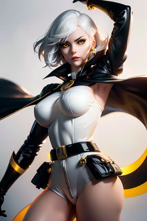  innocent girl with short white hair firm body perfect breasts tender face yellow eyes black lips black and white super heroine ...