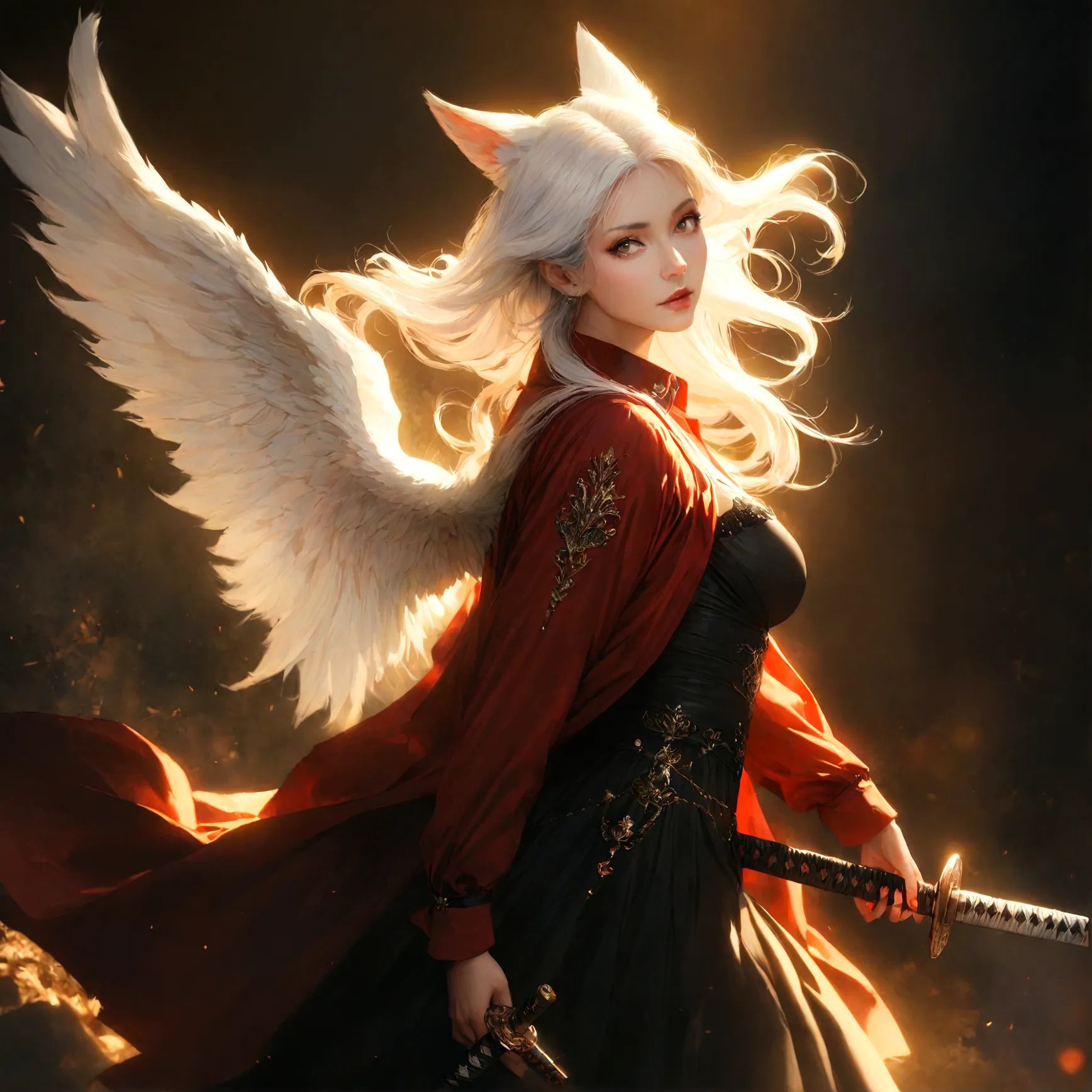 A beautiful detailed white-haired fox woman wearing a red trenchcoat, black bustier, and black skirt, with a katana on her back and angel wings, hyper-realistic, 8k, cinematic lighting, dramatic atmosphere, rich colors, intricate details, masterpiece