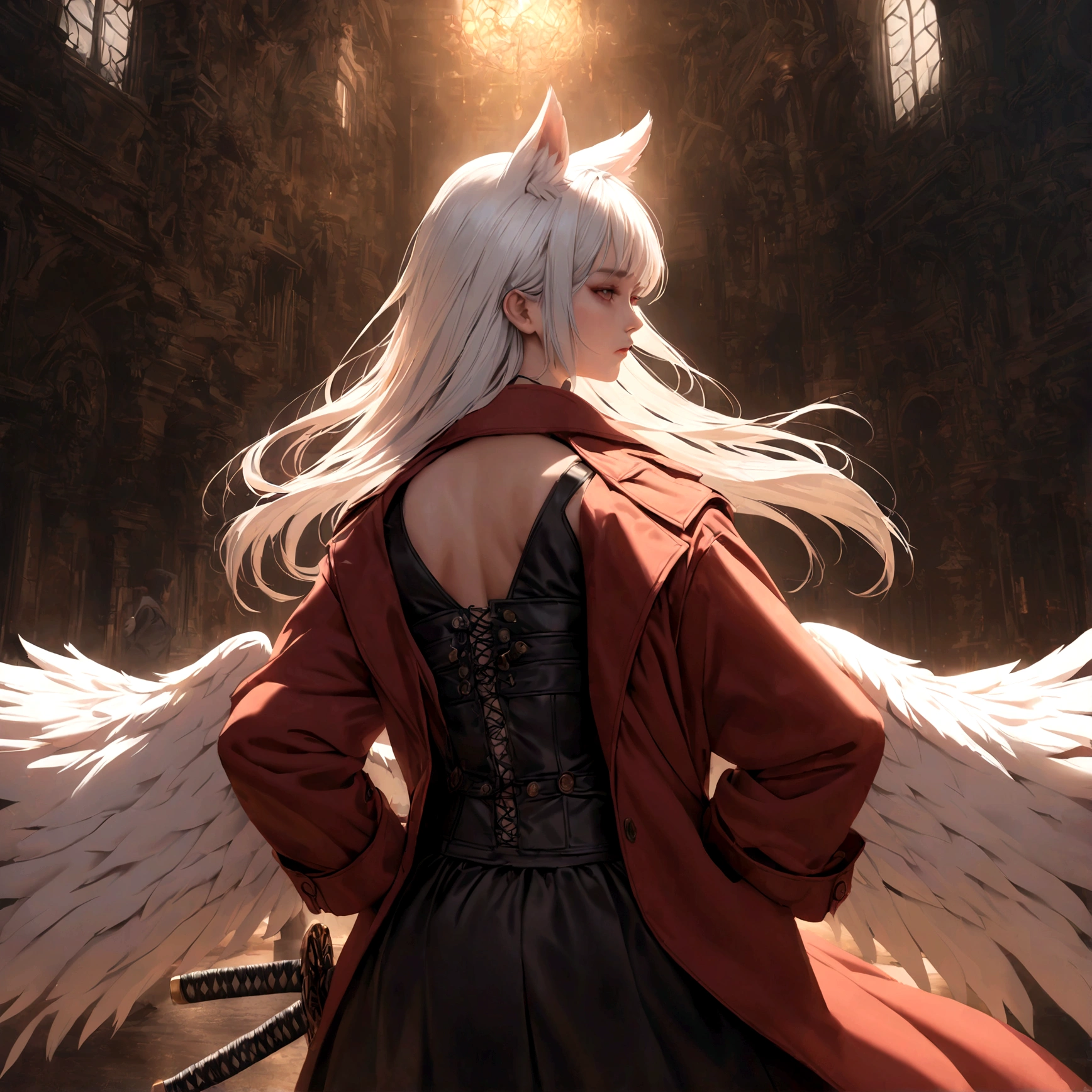 A beautiful detailed white-haired fox woman wearing a red trenchcoat, black bustier, and black skirt, with a katana on her back and angel wings, hyper-realistic, 8k, cinematic lighting, dramatic atmosphere, rich colors, intricate details, masterpiece