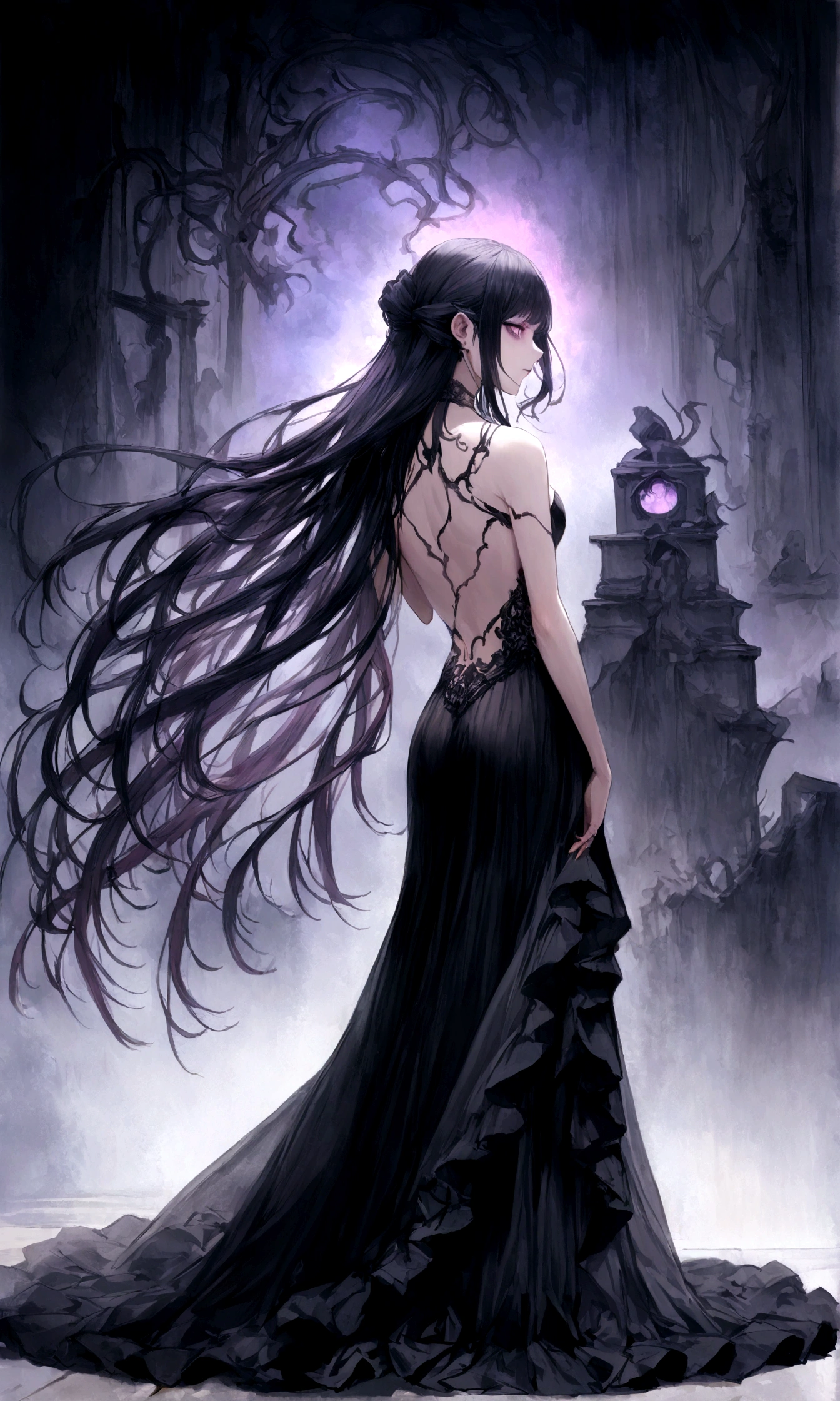 Arafed, Dark fantasy art, fantasy art, goth art, a picture of a ((tattoo: 1.5)) on the back of a female vampire, ((a tattoo of a fanged mouth dripping blood: 1.5)) (intricate details, best quality, masterpiece: 1.5), on the back of the vampire, the tattoo is vivid, intricate detailed coming to life from the ink to real life, shot taken from the back, ((the back is visible: 1.3), she wears a transparent black dress, bare back, the dress is elegant, flowing, gothic style dress, dynamic hair color, dynamic hair style, Dark Art Painting Style